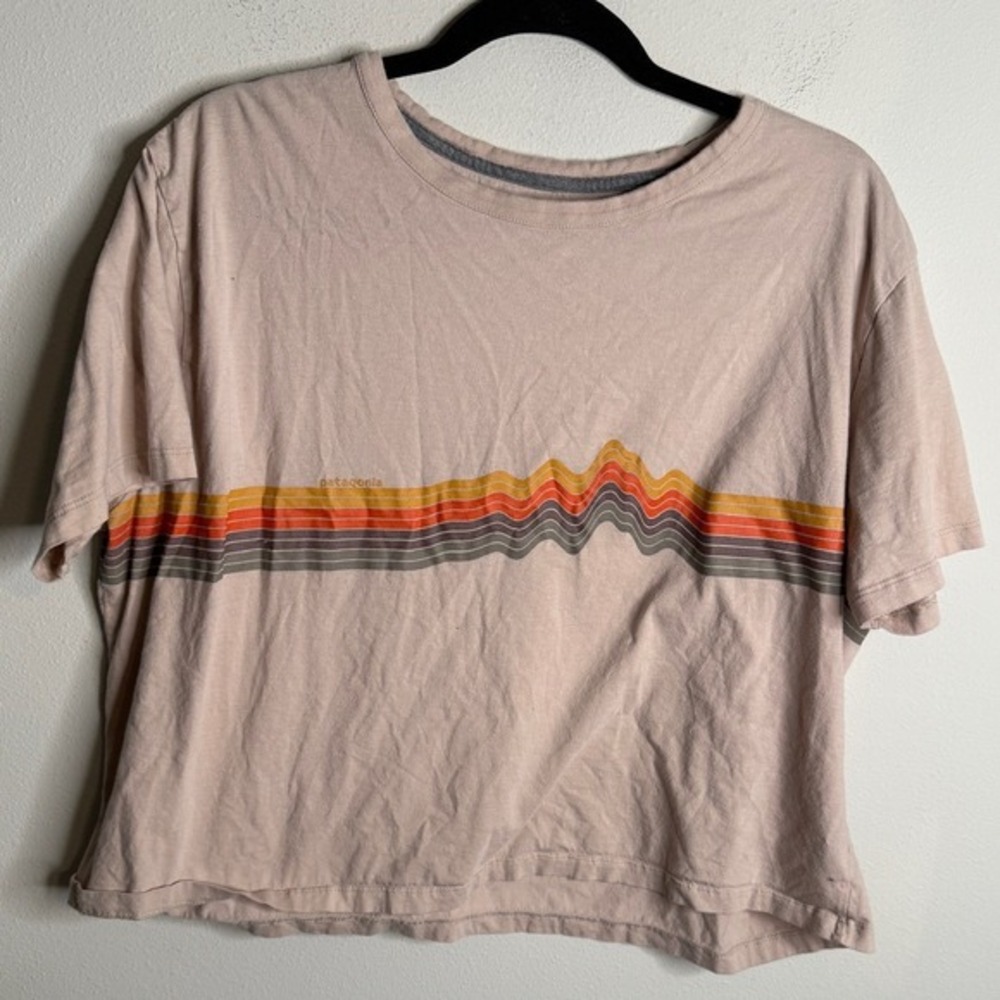 Patagonia Organic Cotton Graphic T Shirt Women Size XL Beige Mountain Stripe